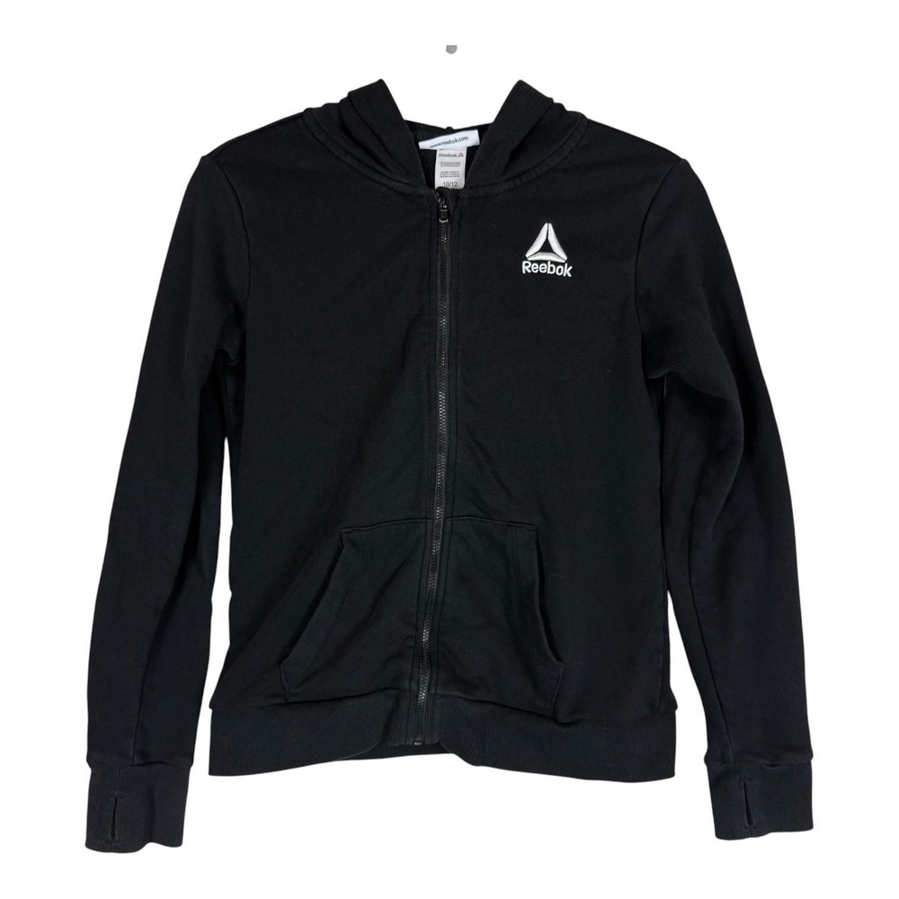 Reebok Hoodie Sweatshirt Kids 10-12 Black Full Zip Fleece Logo Thumbholes